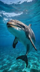 Obraz premium Tropical blue ocean, graceful dolphins swim, clear blue water