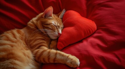 Cute red fluffy cat lies on a furry blanket, sleeping, with a red heart