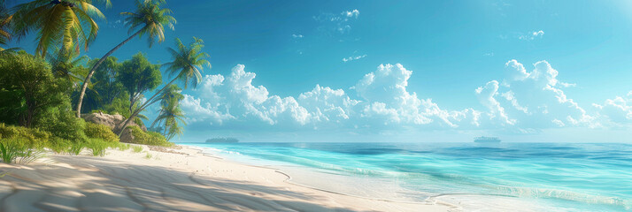 Obraz premium Beautiful tropical beach with palm trees and white sand under a clear blue sky