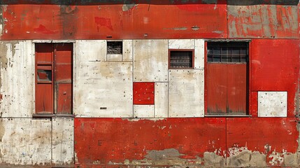 A colorful building with cubic blocks of different colors including red, yellow, green and grey, with many holes and windows.