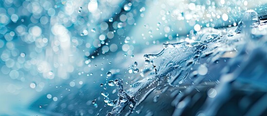 Abstract carwash banner, focus only on drops of water, jet spraying to car out of focus, toned in light blue color. Copy space image. Place for adding text and design
