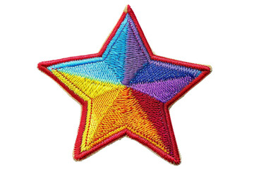 A vibrant, colorful embroidered star patch with red border, perfect for decoration, fashion, or crafts. Ideal for various creative projects.