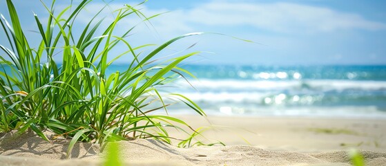 Obraz premium Beach vacation scene with natural plant elements in the foreground, promoting ecotourism