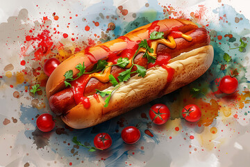 Creative illustration with hot dogs with background in watercolor painting style.