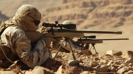 Fototapeta premium Special forces sniper in ghillie suit with a high-precision rifle with optic scope at combat position on the top of the rocky desert hillside