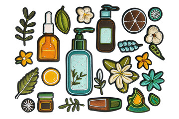 Colorful botanical-themed illustration featuring essential oil bottles, leaves, flowers, and citrus slices.