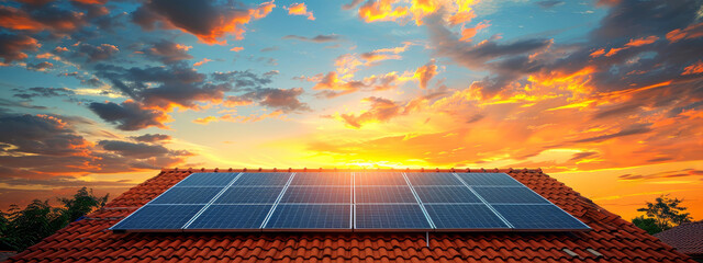 Solar panels on a house roof during a vibrant sunset with colorful clouds in the sky
