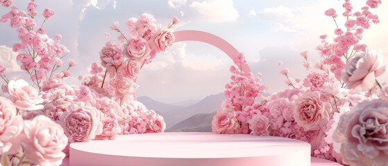 A pink floral pedestal surrounded by lush roses, delicate flowers, and a decorative arch, set against a serene mountain backdrop. Ideal for elegant product displays