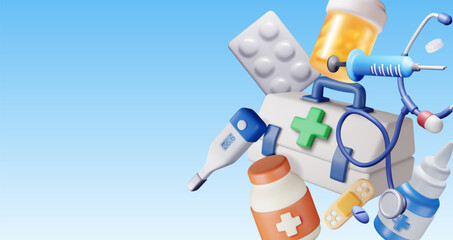 3d medicine icon set isolated. Render medical collection. Spray, pills, first aid kit, thermometer, syringe, heartrate, stethoscope. Healthcare hospital and medical diagnostics. Vector illustration