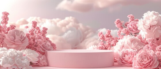 A pink floral pedestal surrounded by lush roses and delicate blossoms, set against a soft pastel background with fluffy clouds. Perfect for showcasing products elegantly