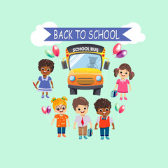 Kids back to school, school bus with ball,card for web