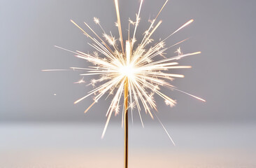Burning sparkler on gray background. Bright fireworks with sparkles. 