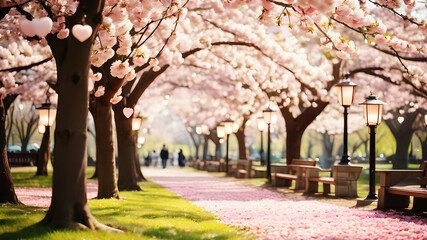 Naklejka premium Depict a romantic park scene in springtime, with cherry blossoms in full bloom and heart-shaped lanterns hanging from the trees. Include a gentle, pastel color palette and soft lighting to create a dr