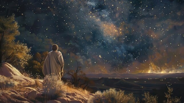 abraham gazing at starry night sky unwavering faith in gods promise oil painting