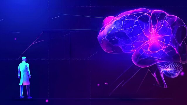 A man stands in front of a brain with purple and blue lines.