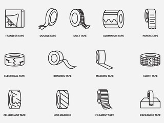 type of adhesive tape outline vector icon collection .difference tape material pictogram isolated on white background