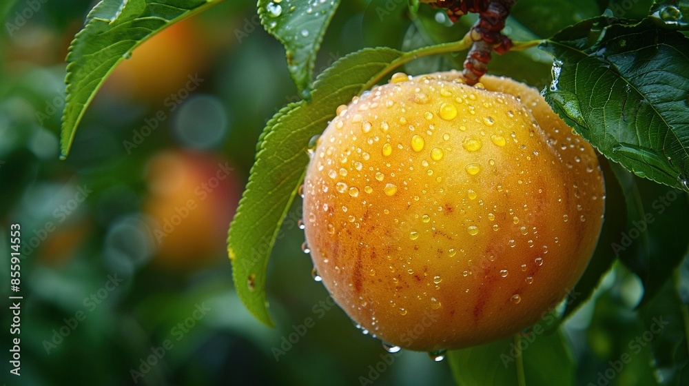 Wall mural   A close-up photo of a fruit on a tree with water droplets on the leaves and a blurred background