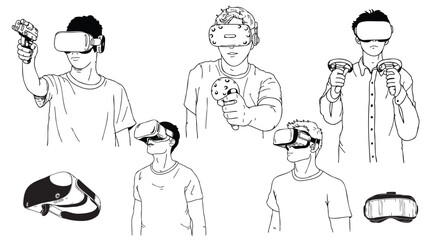 Illustration of a young man enjoying a virtual reality.holding VR controllers, and diving into a futuristic world of imagination and gaming.