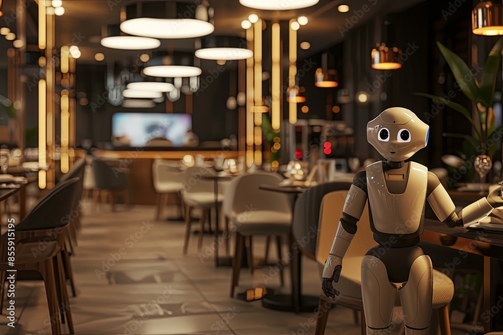 Poster an ai-powered robot interacts with customers at a modern restaurant, showcasing the future of hospit