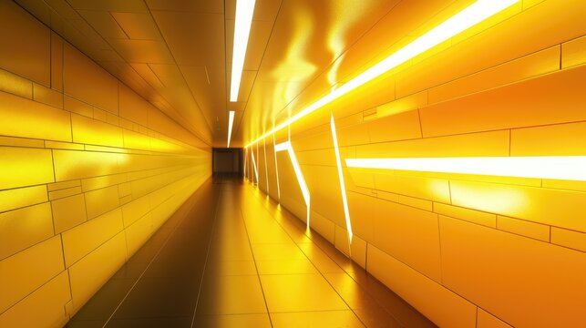 Abstract image of yellow illuminated wall and ceiling with geometric shapes depicting modern architecture and interiors