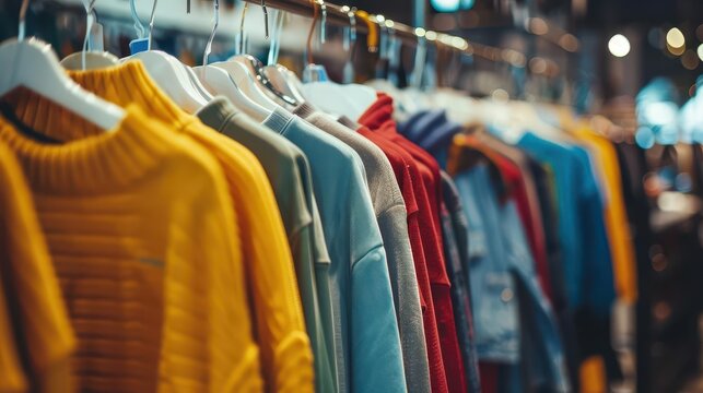 clothes hanging on rack in retail clothing store fashion and shopping concept