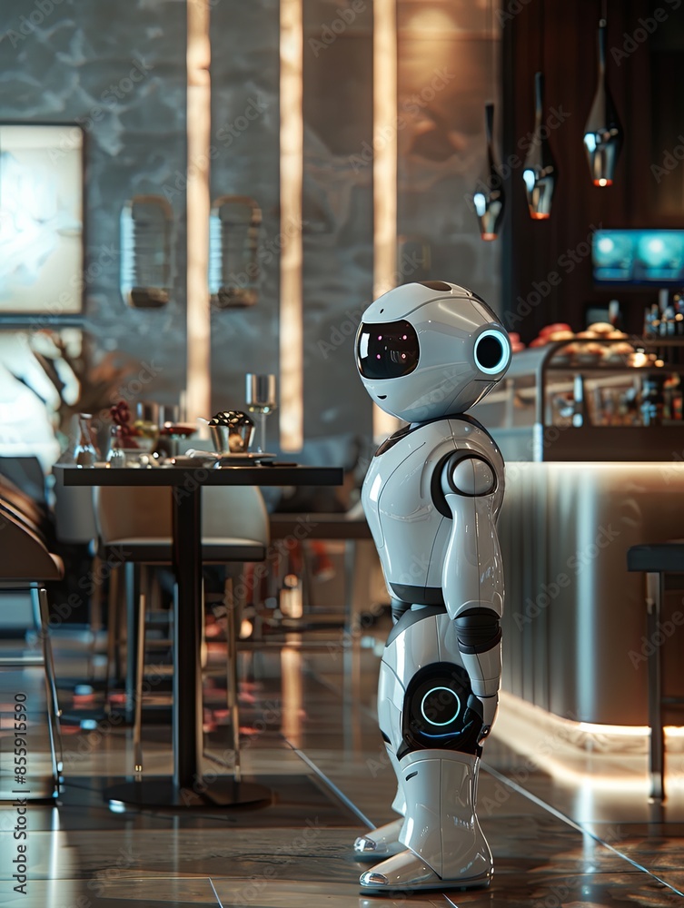 Fototapete A futuristic restaurant setting with a white AI robot standing by a table, enhancing service quality with its advanced capabilities. Generative AI