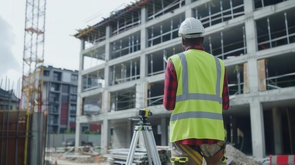 construction engineer in safety gear surveying building site progress rear view