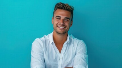 Fototapeta premium confident young man portrait smiling guy in white shirt against vivid blue studio background digital illustration