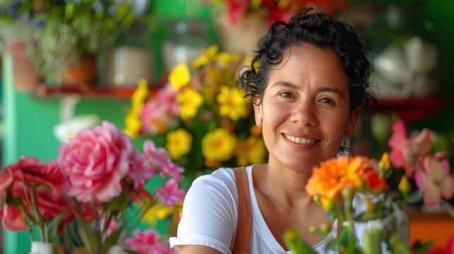 confident hispanic female entrepreneur in her vibrant flower shop small business success