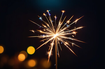 Bright sparkler burning on the dark background. Fireworks on the black sky with bokeh effect. Celebration symbol