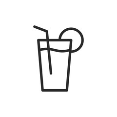 Juice glass with straw, linear style icon. Glass of juice with a straw and a slice of fruit. Editable stroke width