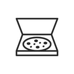 Pizza in a box, linear style icon. A pizza in an open box, food delivery and takeaway services. Editable stroke width.