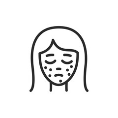 Acne on face, linear style icon. Sad woman with acne. skin condition. Editable stroke width