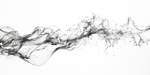 Abstract black and white artwork featuring fluid, smoke-like wisps and splashes, creating a dynamic and flowing composition against a clean, white background.