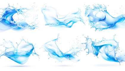 Six dynamic and artistic blue water splash illustrations, each frozen in mid-motion against a clean white background, showcasing fluidity and natural elegance.
