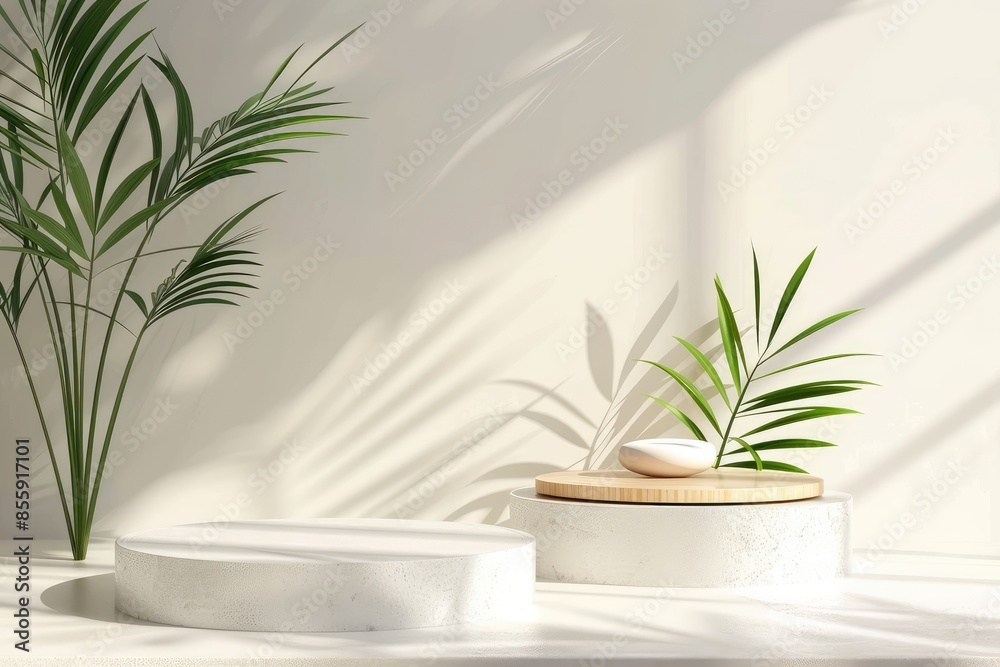 Aufkleber Minimalistic design featuring a round podium with palm tree shadow patterns on a textured wall