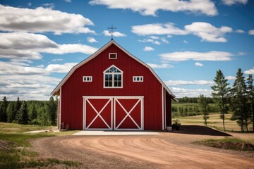 Obraz premium Red barn in rural landscape with blue sky