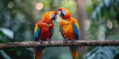 Obraz premium Tropical birds sitting on a tree branch in the rainforest. Colorful scarlet macaw parrots.