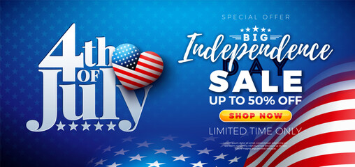 4th of July Independence Day Sale Banner Design with American Flag Heart Symbol and Typography Lettering on Blue Background. Fourth of July USA National Holiday Vector Illustration with Special Offer