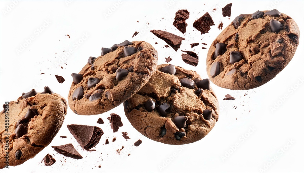 Wall mural Flying dark chocolate chip cookies isolated on a white background