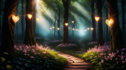 Obraz premium Create an enchanted forest path lined with glowing flowers and heart-shaped lights. Add a subtle mist to the scene, with beams of soft light filtering through the trees, enhancing the magical and roma