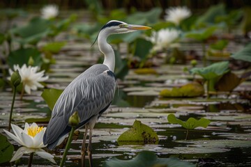 Heron standing still in a marsh, its long legs and neck creating elegant lines against the backdrop of reeds and water lilies 