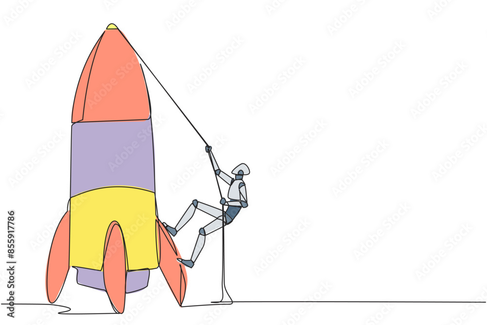 Poster continuous one line drawing smart robot climbs rocket with rope. set the intention to open a new bra