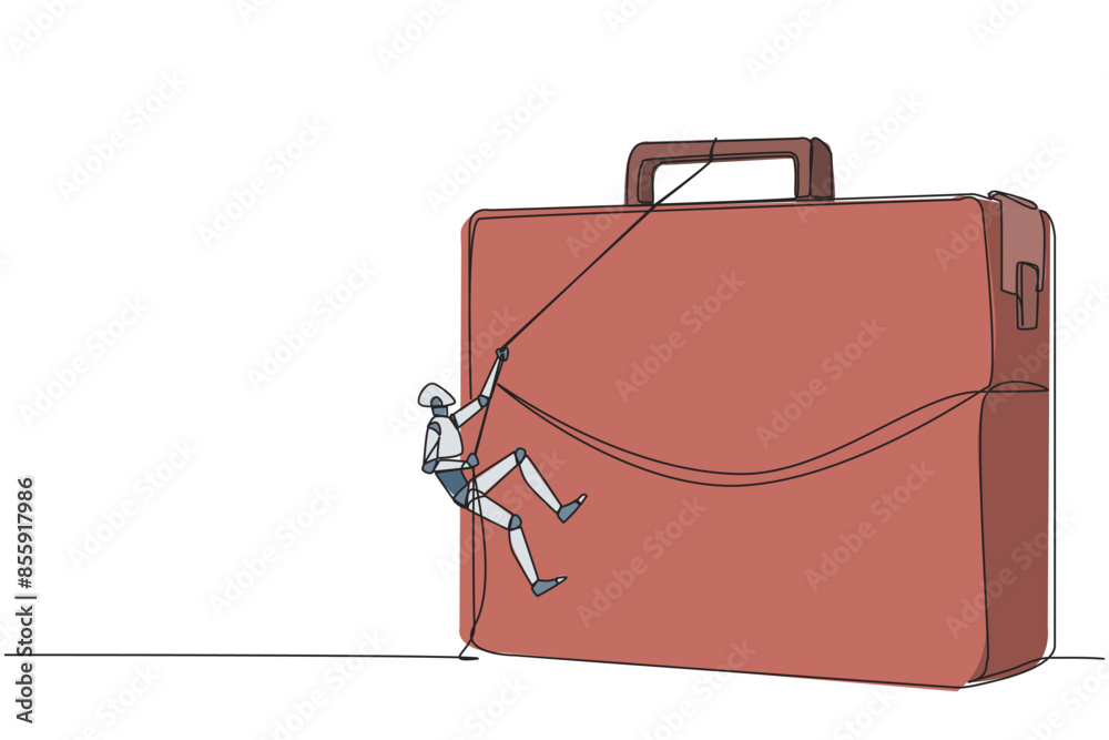 Poster single continuous line drawing smart robot climbs briefcase with the rope. a metaphor for building a