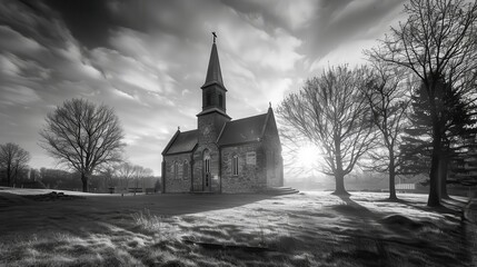 dramatic black and white photograph of historic church bathed in morning light striking architectural landscape