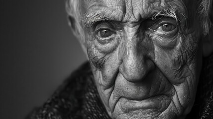 dramatic black and white portrait of elderly man with weathered face and kind eyes