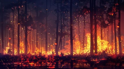 Naklejka premium dramatic illustration of forest fire disaster at night burning trees and damaged environment caused by global warming digital art