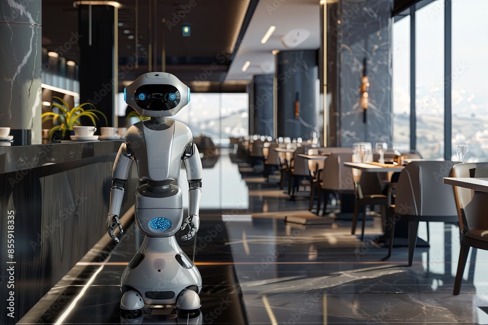 Poster a sleek and professional restaurant features an ai-powered robot interacting with customers, enhanci