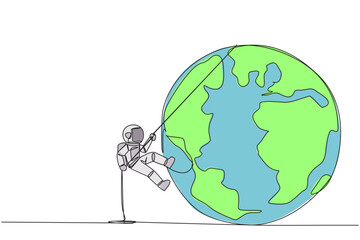 Continuous one line drawing astronaut climbing globe with rope. Trying dominate the world with massive business expansion. Success reach top of the world. Single line draw design vector illustration