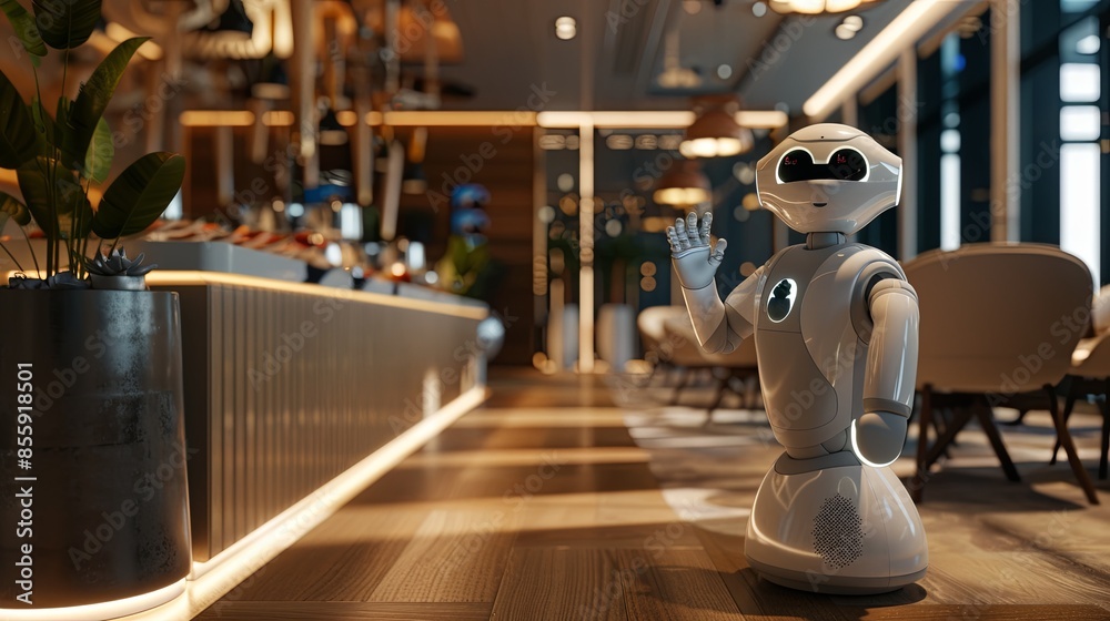 Aufkleber a sleek, modern restaurant features an ai-powered robot welcoming guests, showcasing the innovative 
